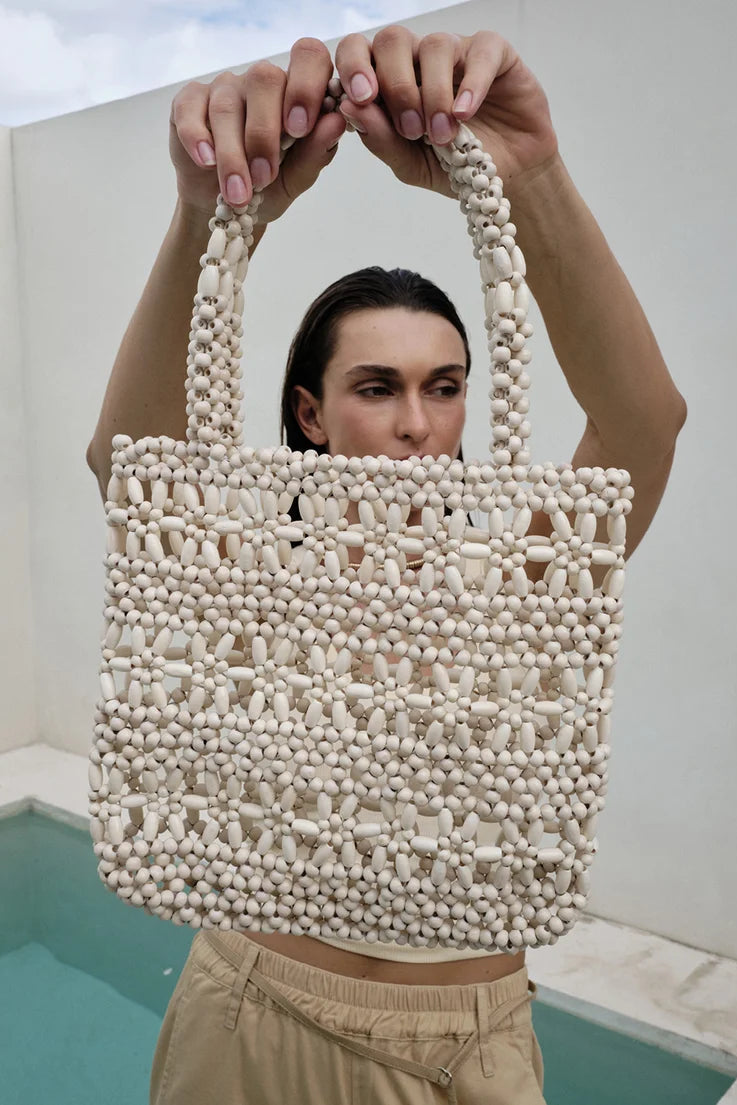 Flower Beaded Bag Cream