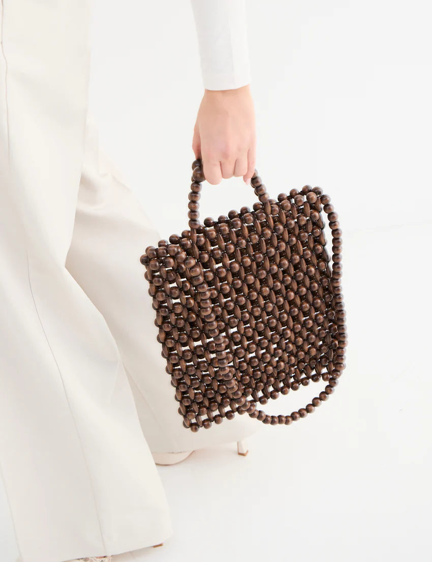 GIA BEADED TOTE BAG - BROWN
