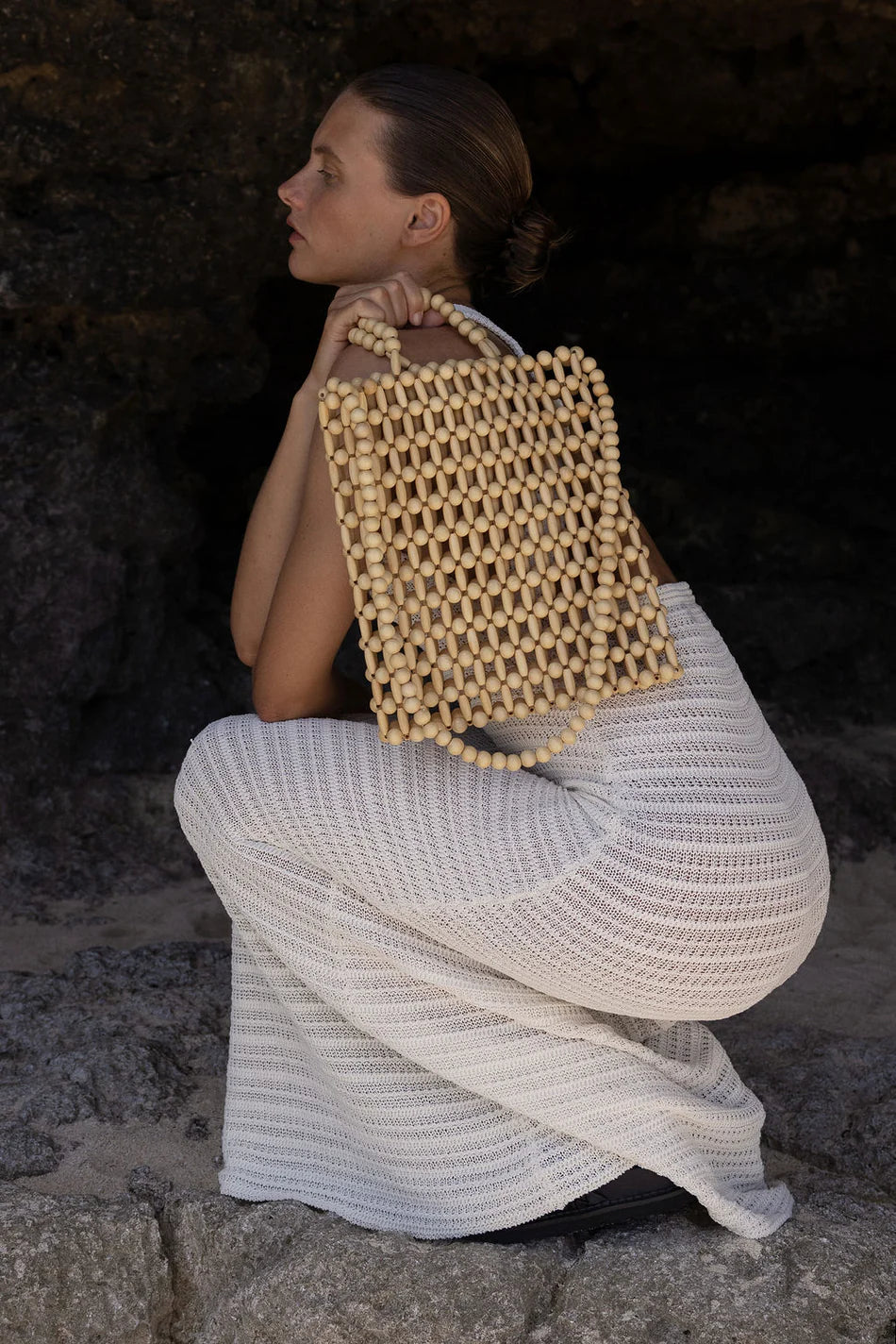 Gia Beaded Tote - natural