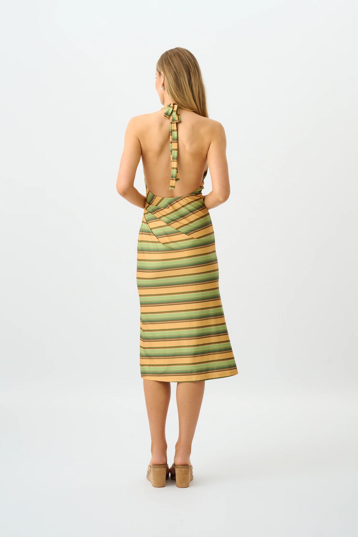 Pleated Backless Halter Dress | Gold Strip
