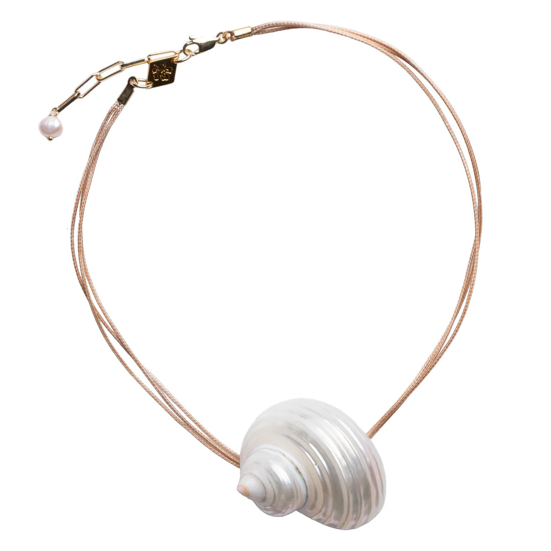 Necklace with a large shell pendant on a white background