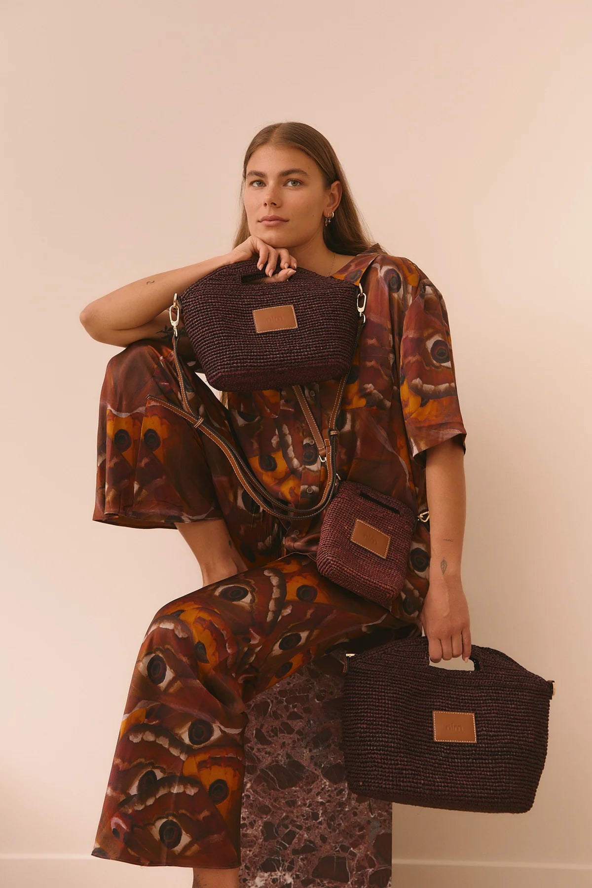 Leather Trim Raffia BB - Cocoa