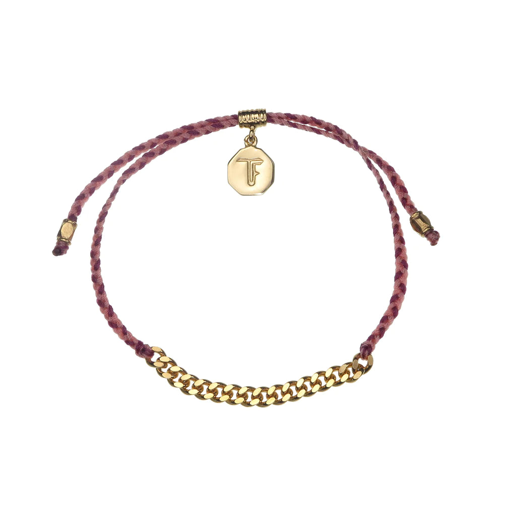 SIMPLE CHAIN & CORD BRACELET-SALMON AND BURGUNDY - GOLD