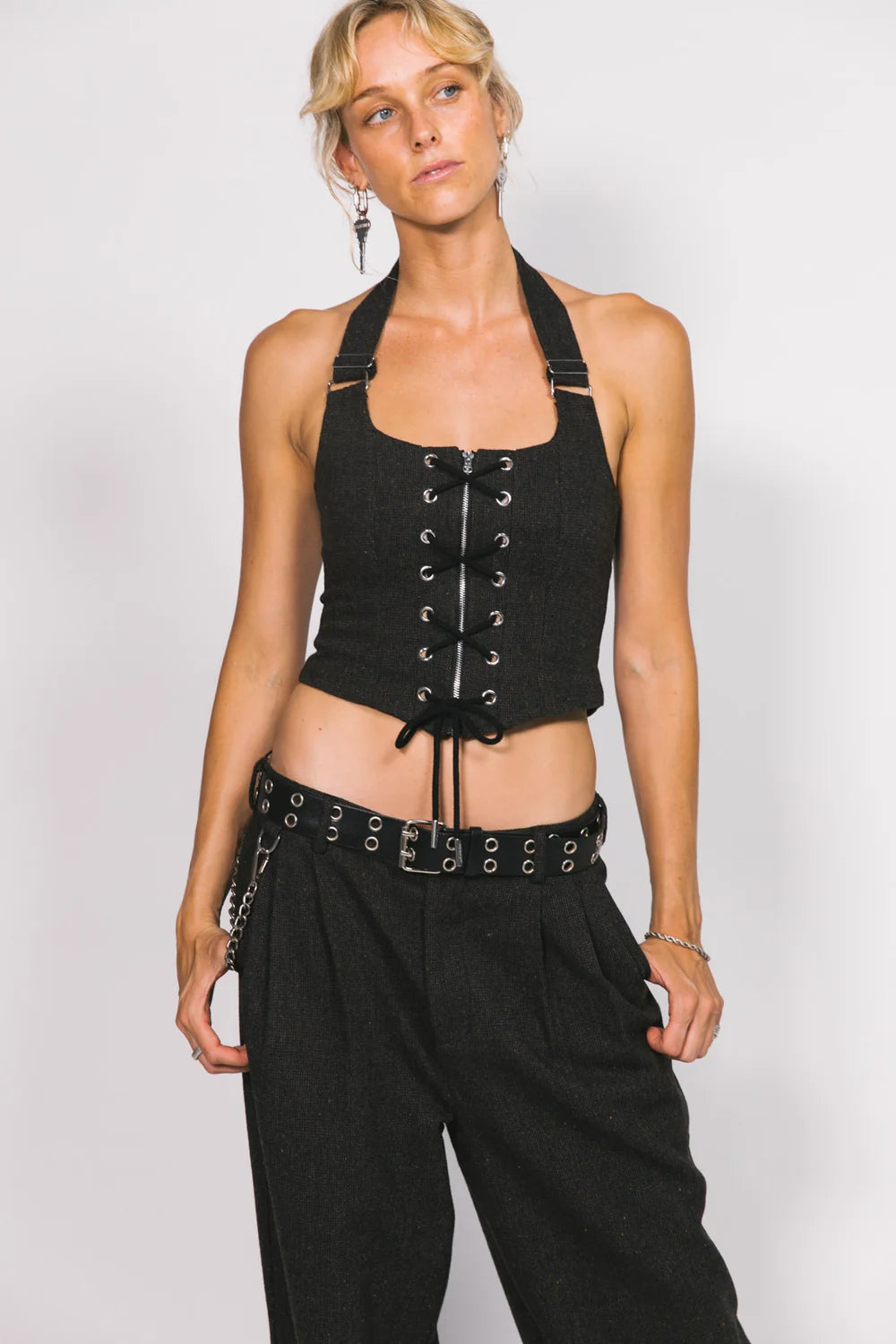 Charcoal Wool Lace Up Halter Top
