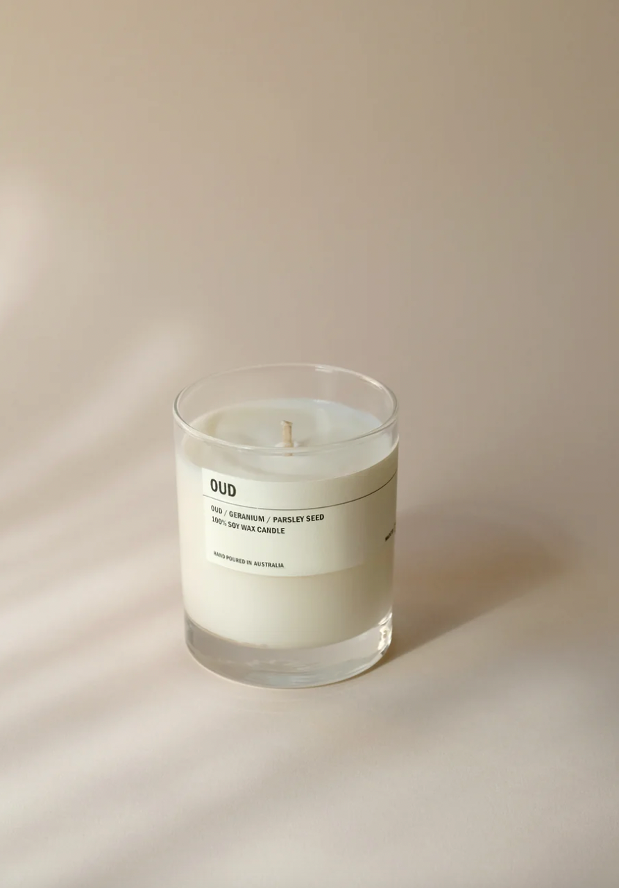 OUD: Oud Wood / Geranium / Parsley Seed Clear Candle 300g