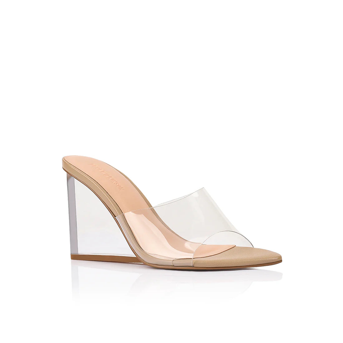 SUZY WEDGE LUCITE & BEIGE LEATHER