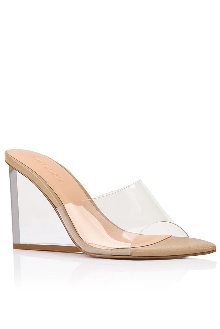 SUZY WEDGE LUCITE & BEIGE LEATHER
