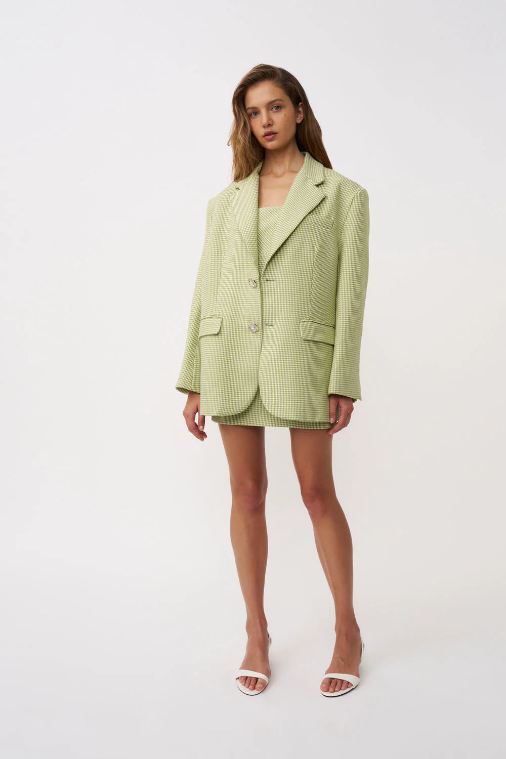 Telisa Oversized Tweed Blazer - Green Tweed