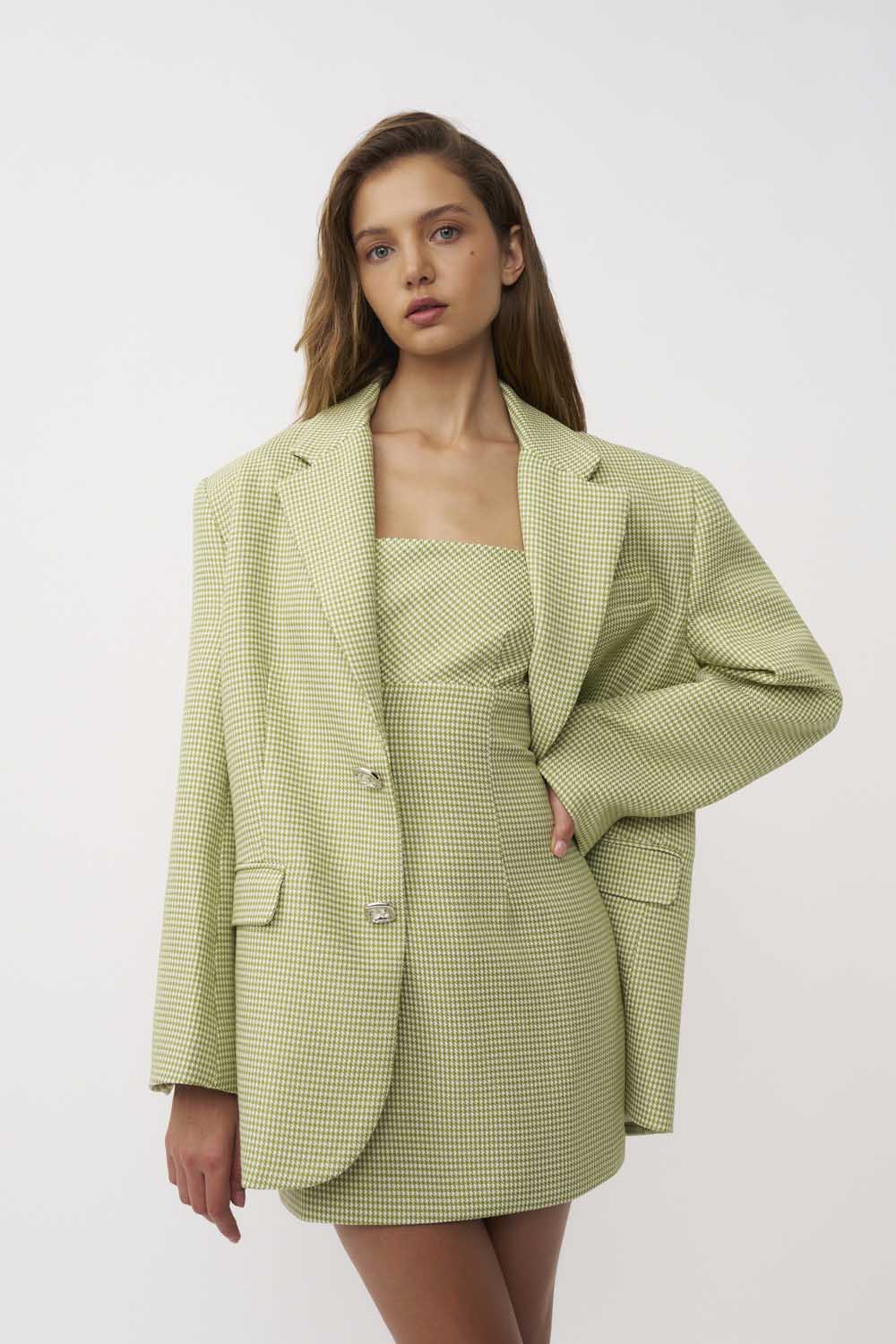 Telisa Oversized Tweed Blazer - Green Tweed