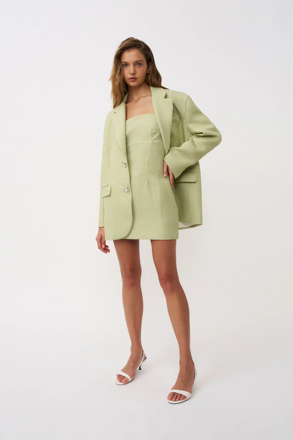 Telisa Oversized Tweed Blazer - Green Tweed