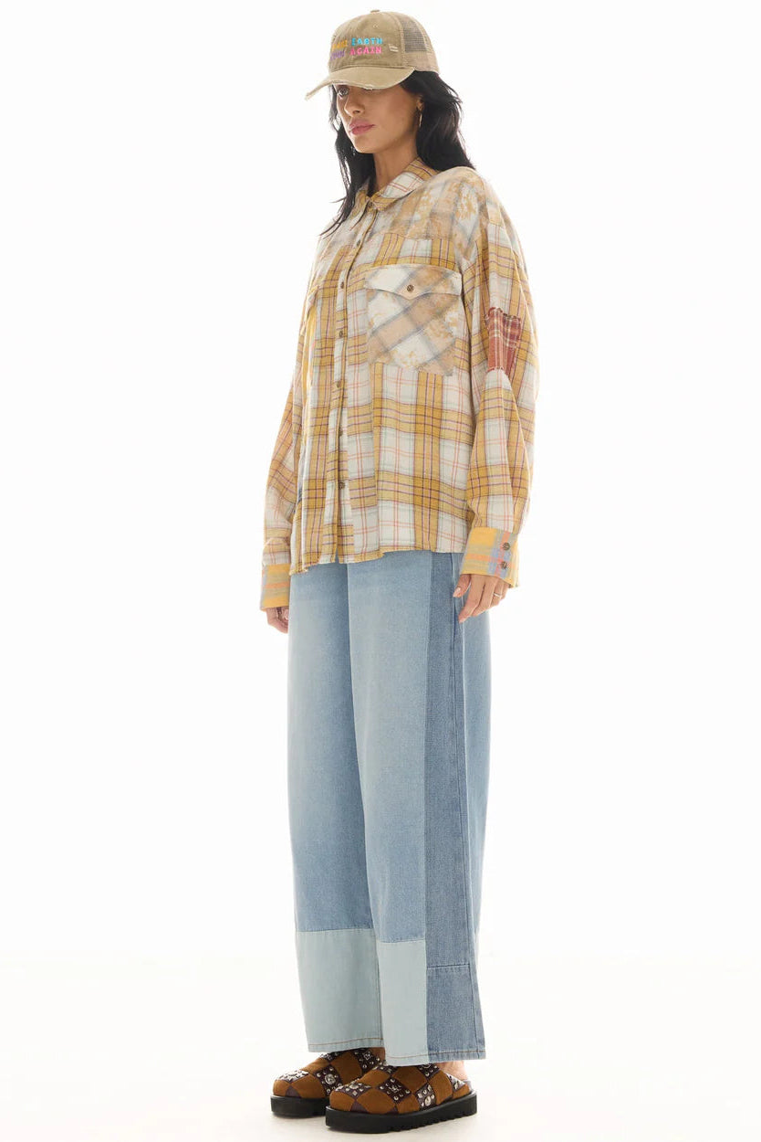 Patched Up Yellow Flannel Western Shirt