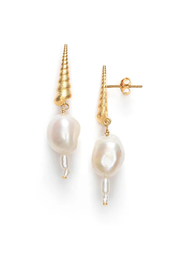 Turret Shell Baroque Pearl Earrings - GOLD
