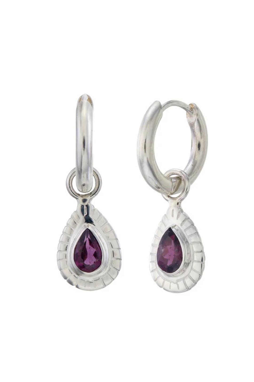 SMALL TEARDROP HOOPS - GARNET- SILVER
