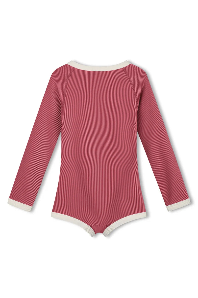 Mini Stripe Rashie Onesie - Clay Red