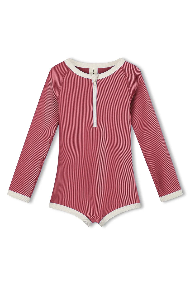 Mini Stripe Rashie Onesie - Clay Red