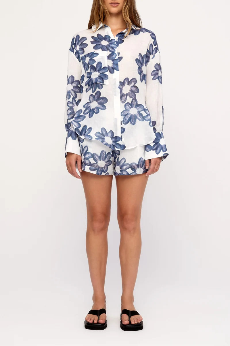 Ramie Tie Shirt - Blue Flower
