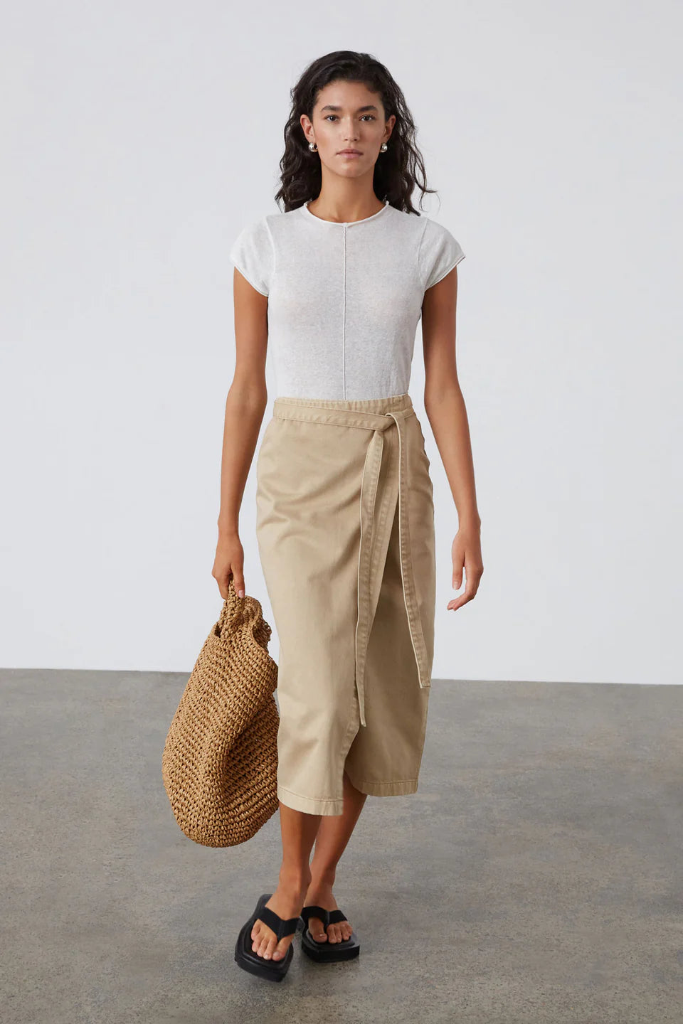 Sand Denim Wrap Midi Skirt