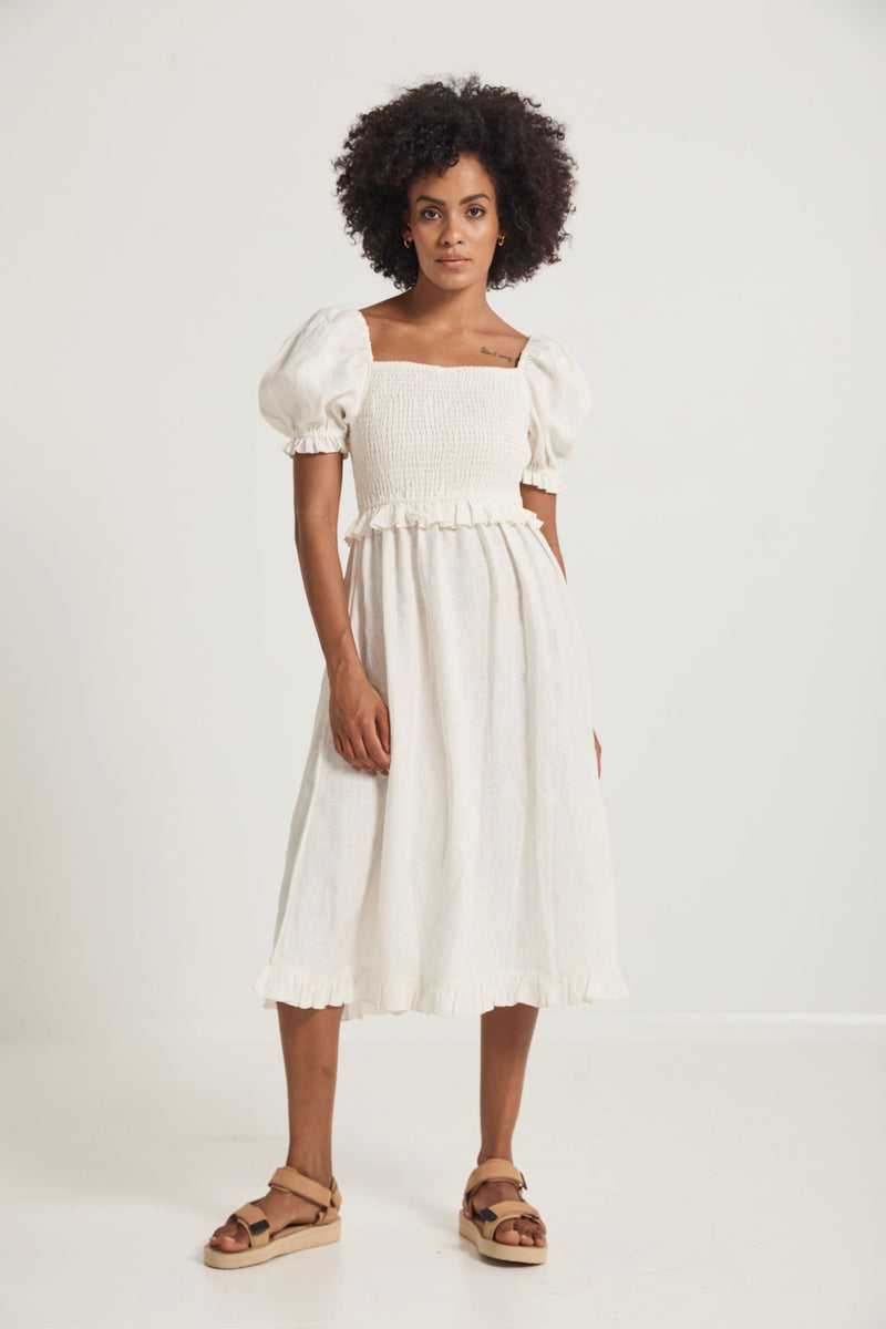 Gjelina Linen Midi Dress - Natural White - Saint Helena