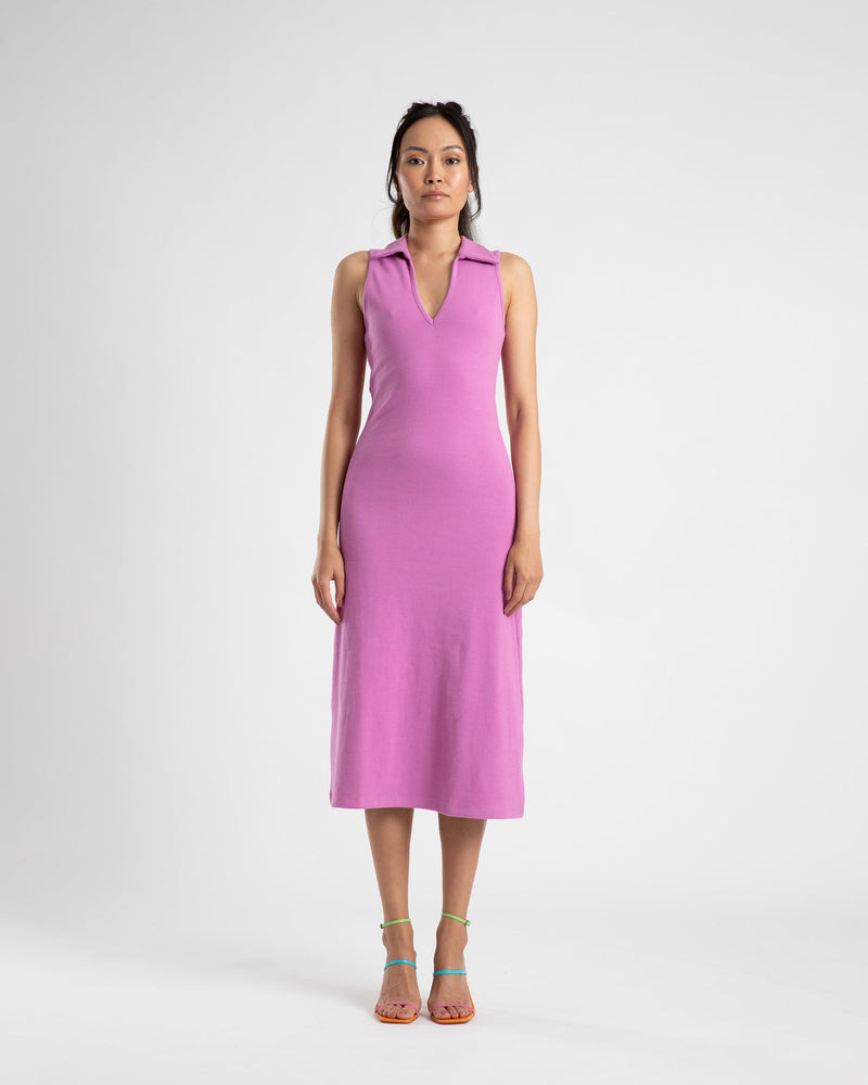 COLLARED V DRESS - FUCHSIA